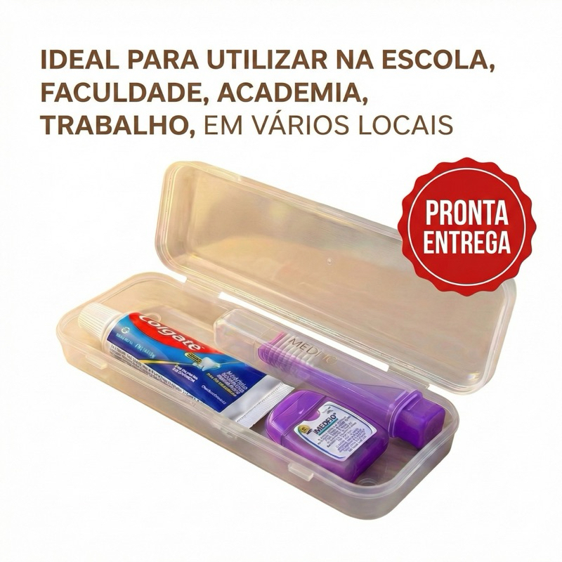 Imagem Kit Viagem Higiene Bucal : Escova Portatil + Pasta Colgate + Fio Dental c/ Estojo Portátil–Escola Trabalho Lente Contato