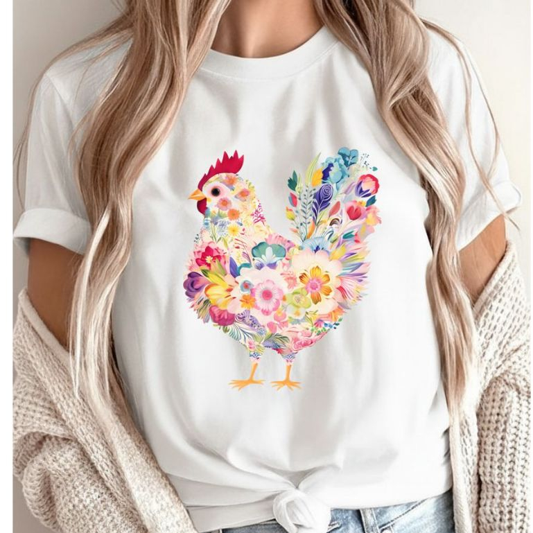 Camiseta Camisa T-shirt Feminina100%Algodão Oversized Galinha Delicada Floral Camisetão