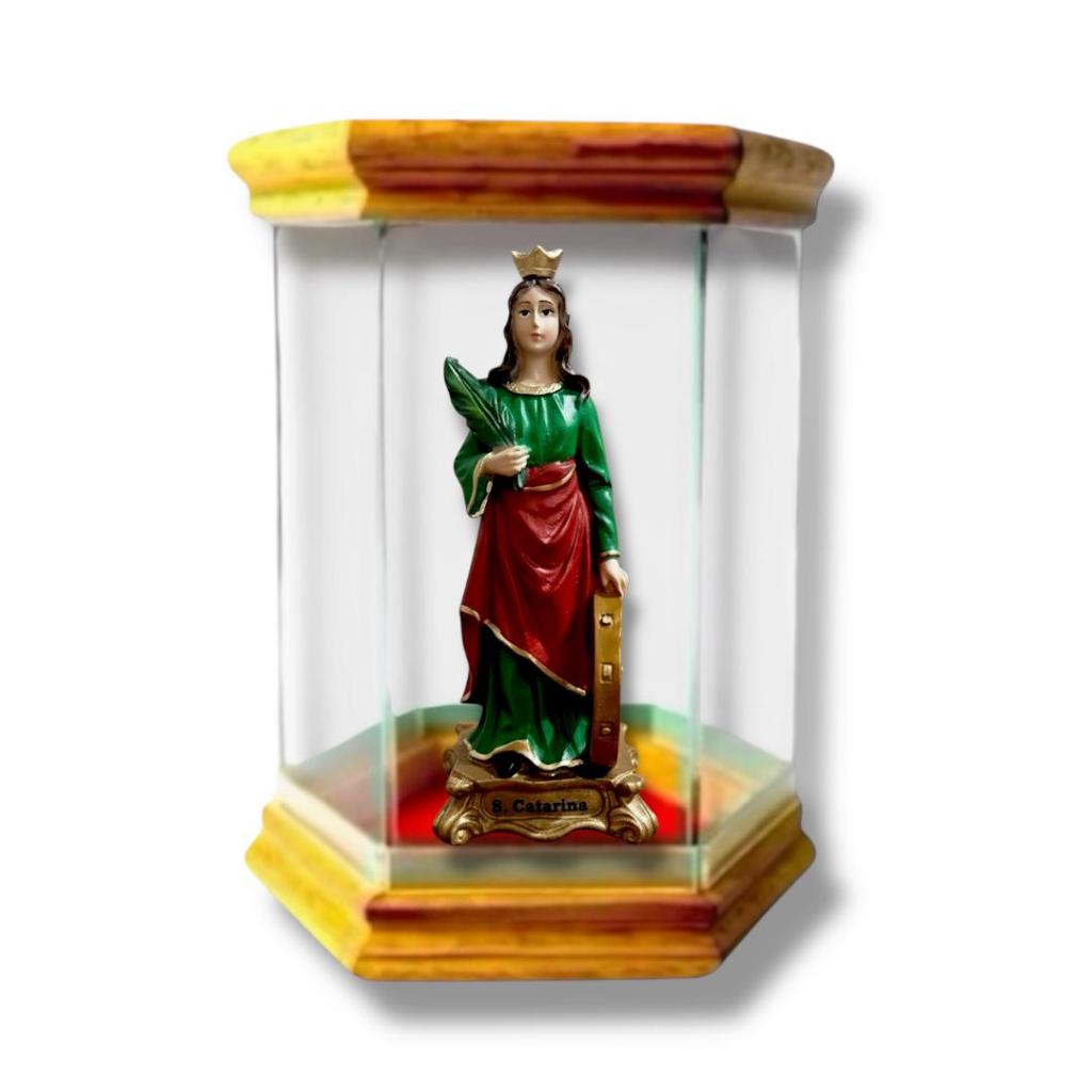 Redoma de Vidro Oratório com Imagem de Resina Santa Catarina 15cm