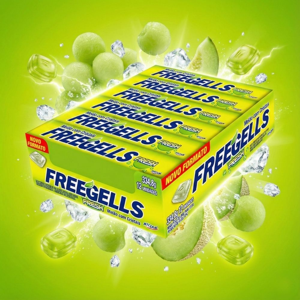 Pacotão Bala Freegells Melão Cristais Riclan 12 Unidades vários tamanhos Drops Refrescante Freegells