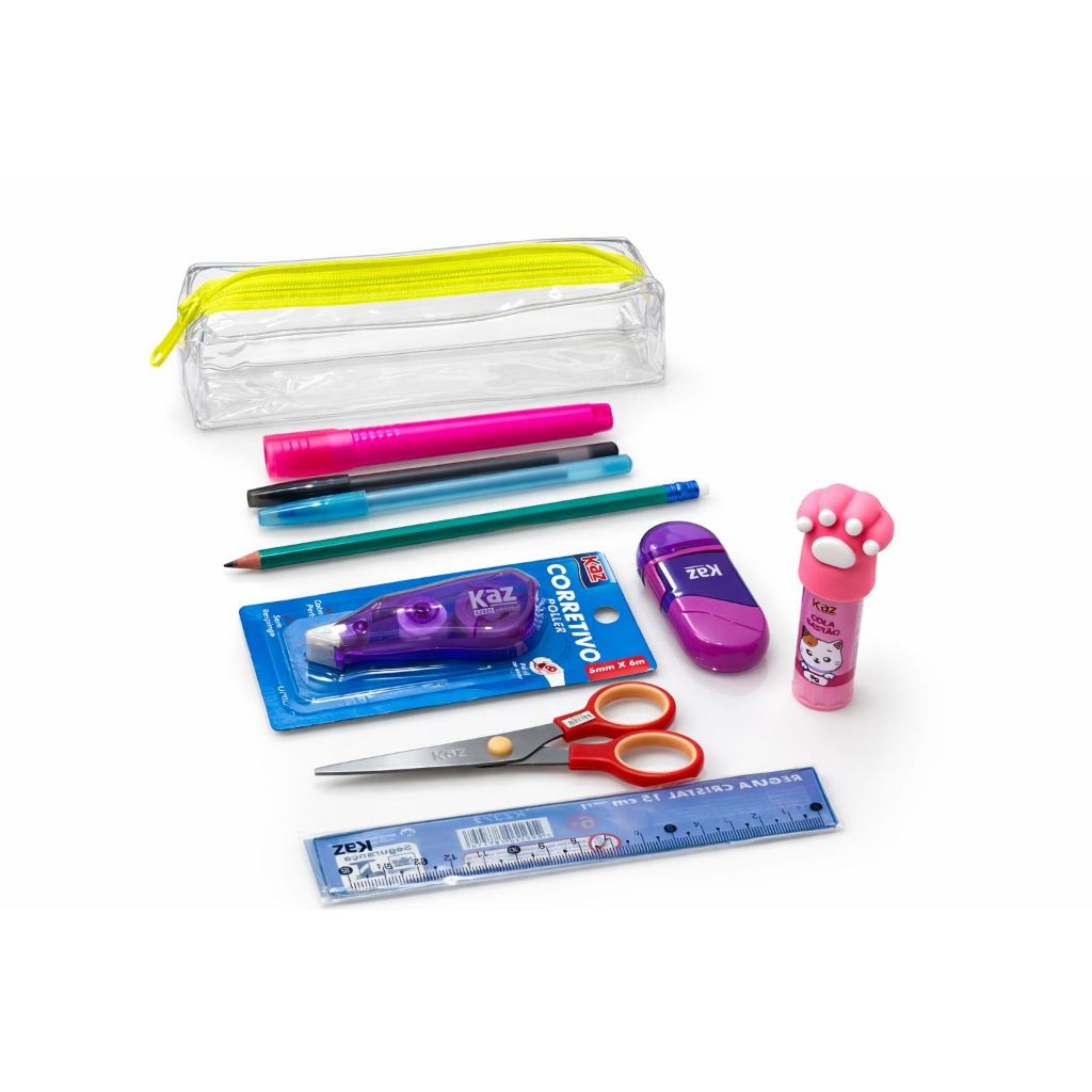 Kit volta as aulas Escolar Completo com Estojo Canetas Lapis Tesoura Regua Corretivo e Cola