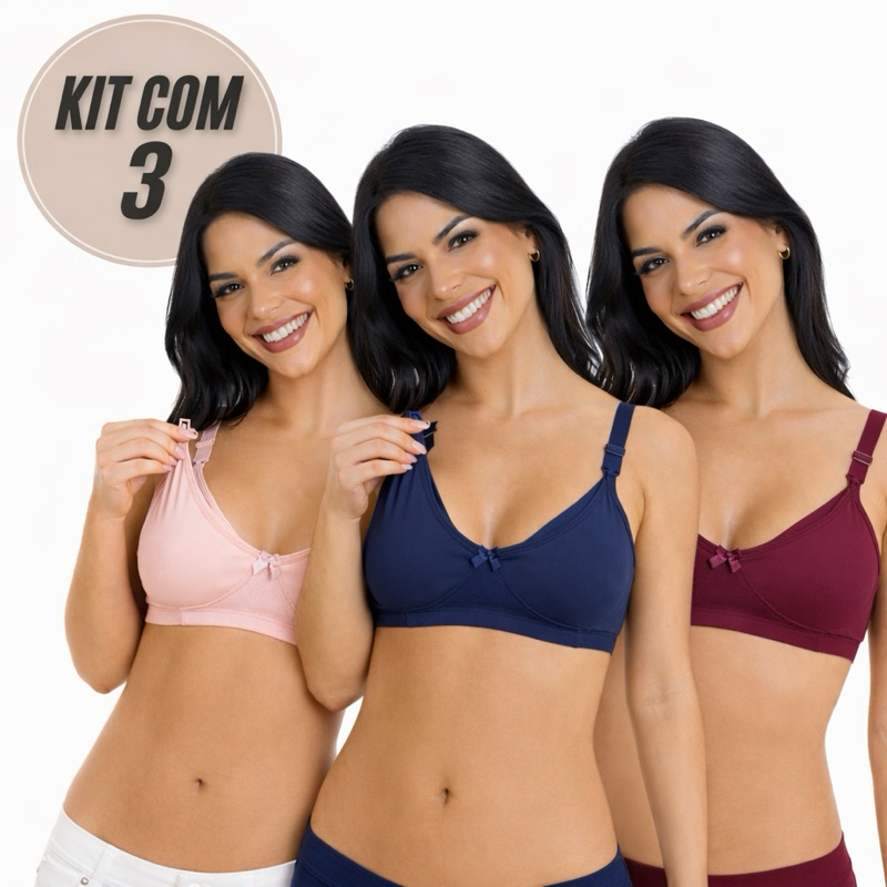 Kit 3 Sutiã de Amamentação com Alça Reforçada e Fecho Abre Fácil Pós Parto Gestante Conforto lingerie. em Oferta na Shopee