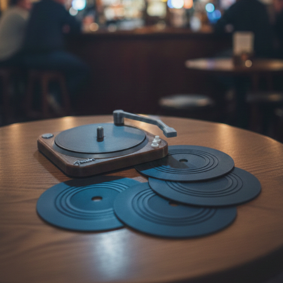 Kit 4 Porta Copos Vinil com Base Vitrola - Descanso de Copo Estilo Pub Rock Bar