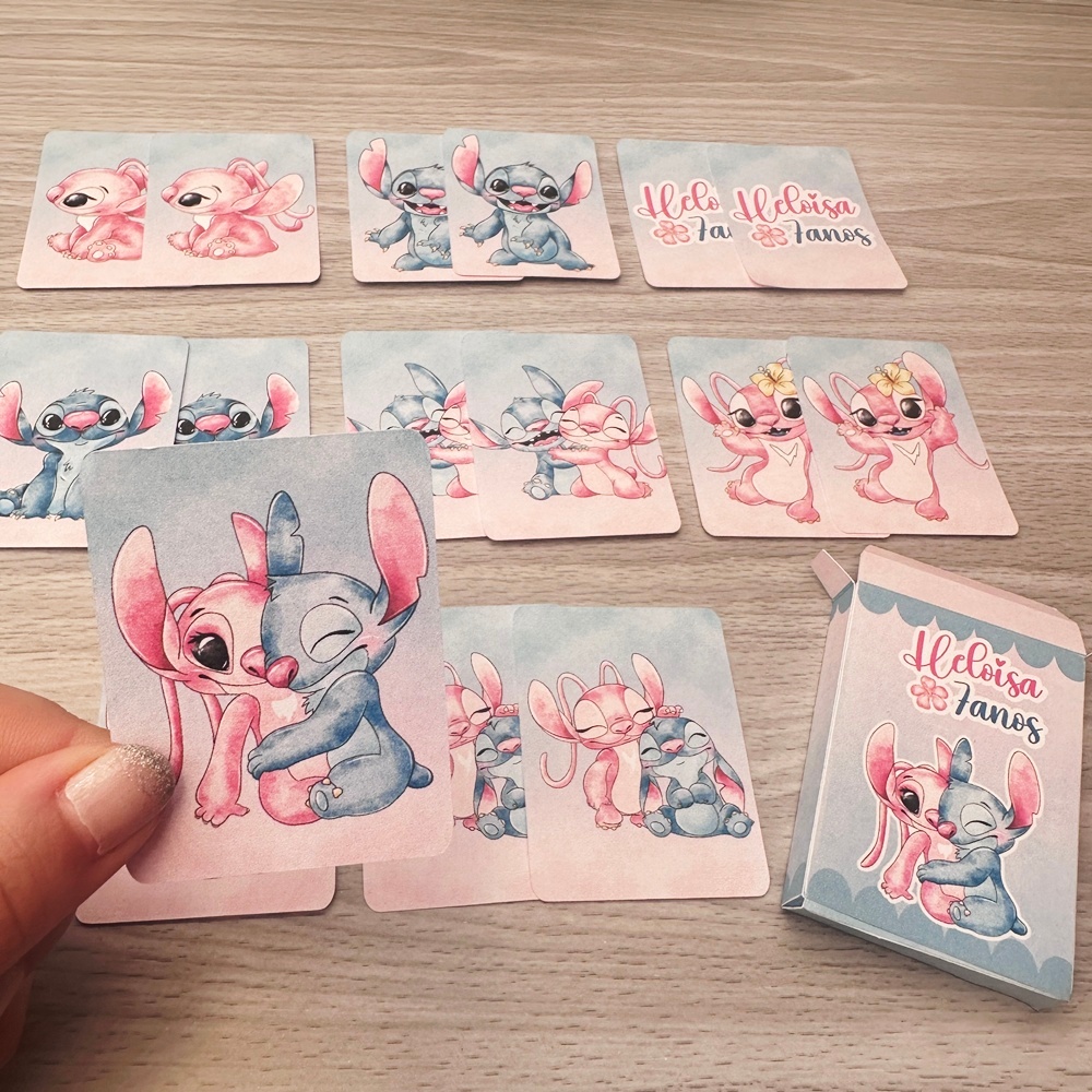 Jogo da Memória Lembrancinha Aniversário Infantil Personalizado Stitch e Angel Aquarela