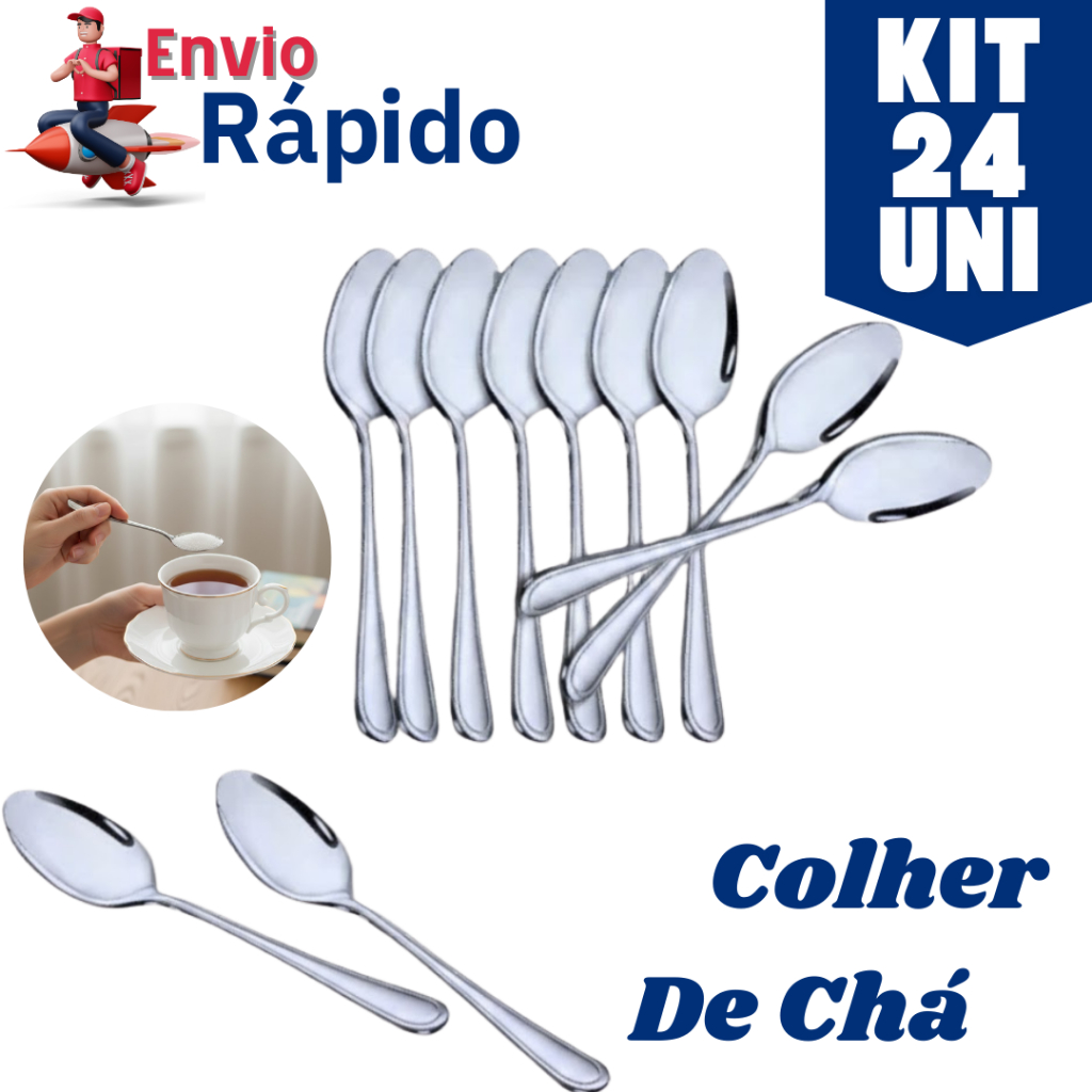 Kit 24 Colher de Chá Talher Aço Inox de Qualidade Café Luxo Cozinha Bar Restaurante Buffet Cafeteria Faqueiro