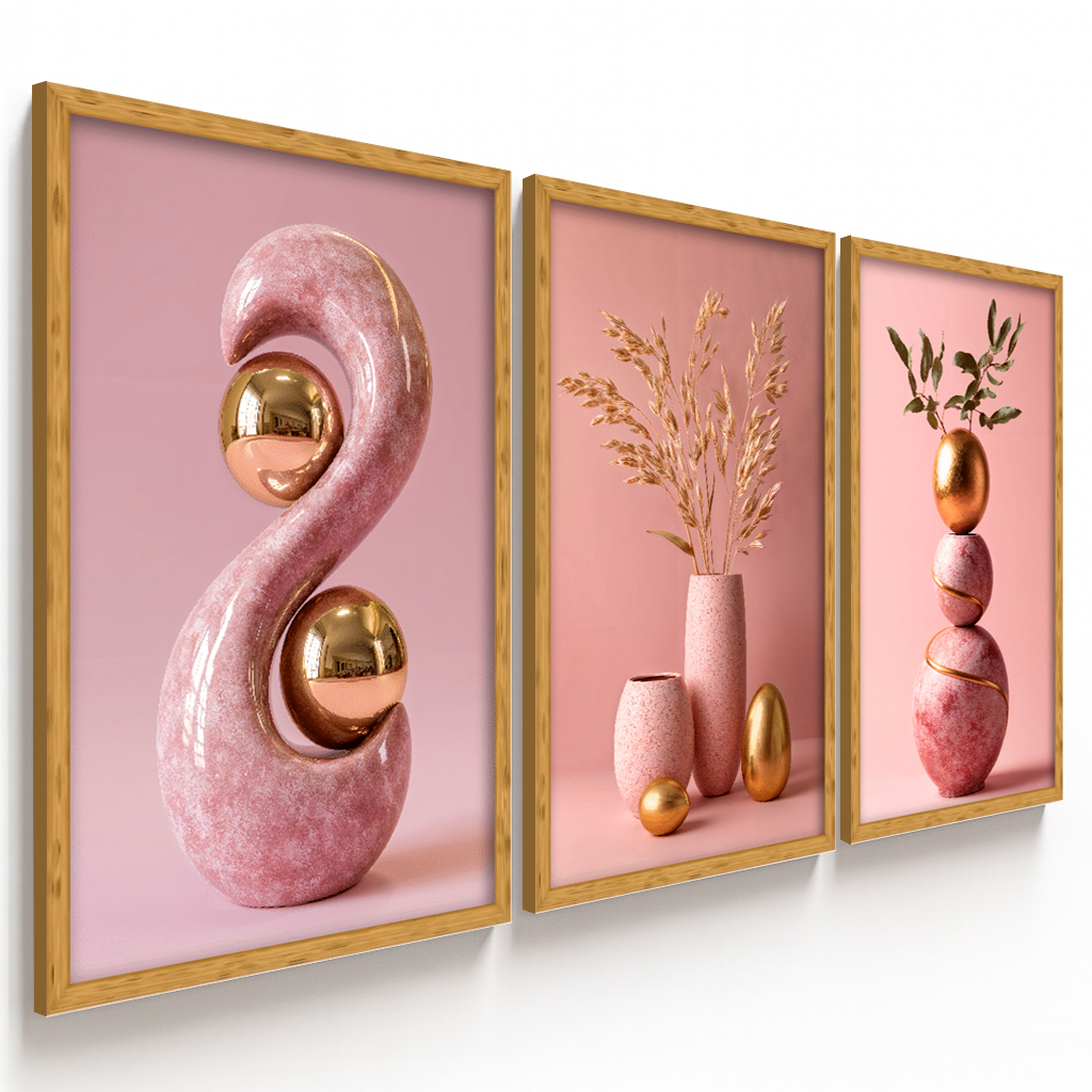 Quadros Decorativos 3 Peças Abstrato Geométrico Esculturas Rosas Nordic Hall em Oferta na Shopee