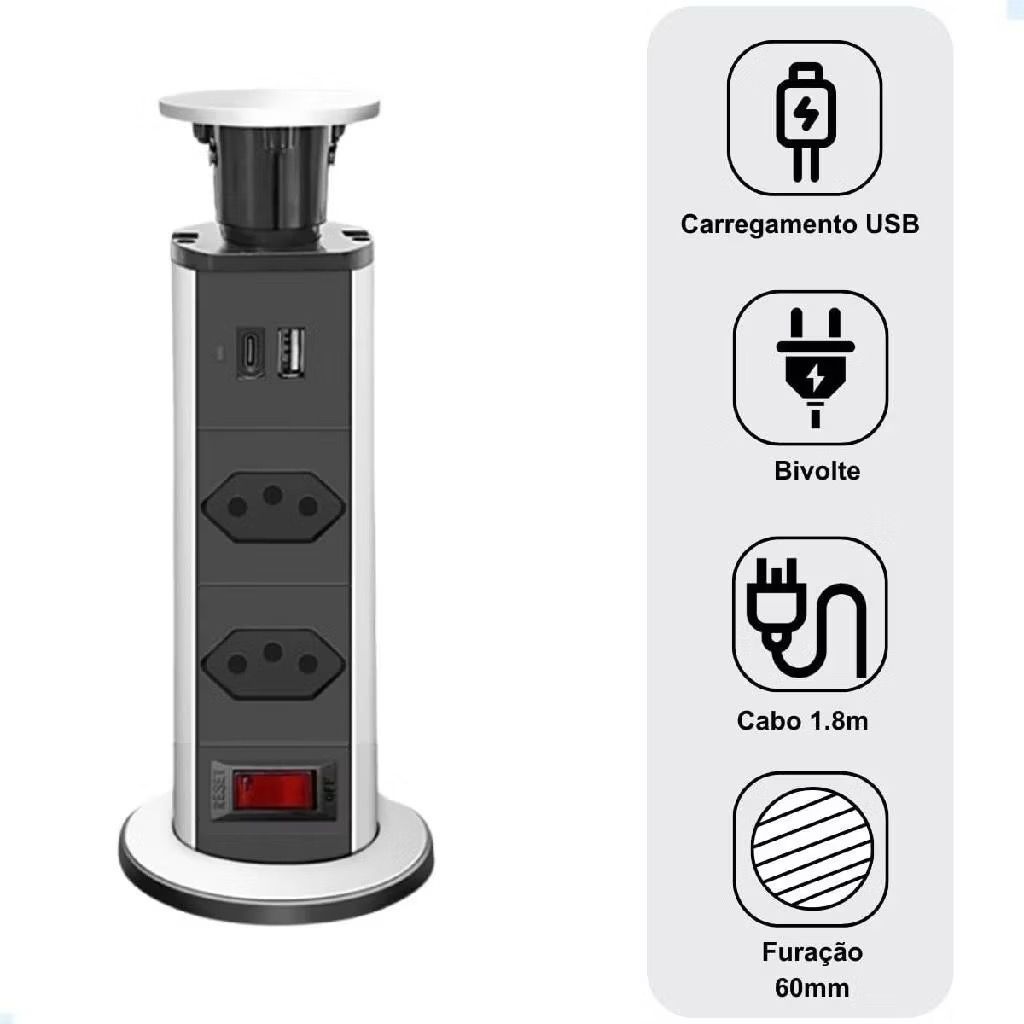 Torre de Tomada Retrátil Embutir 2 Tomadas Multiplug Com USB+USB-C