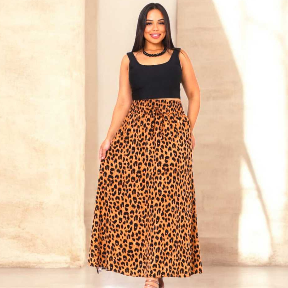 Saia Longa Viscolinho Com Bolsos Com Fenda Lateral Forrada Moda Casual