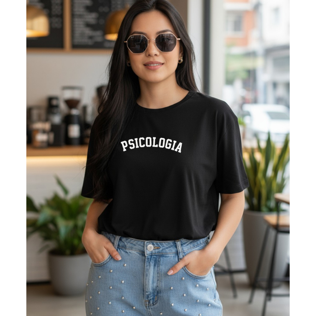 Camiseta Feminina Estampada Psicologia 100% Algodão Blusa Básica em Oferta na Shopee