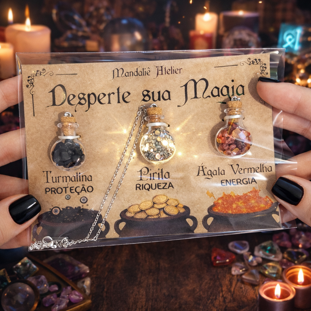 Kit Desperte sua Magia Pingentes + Colar Inox Amuleto Poções Pedras Naturais Turmalina Pirita Ágata Vermelha