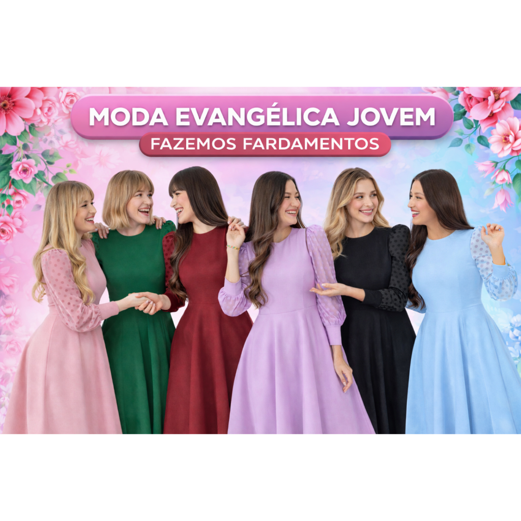 Vestido Moda Evangélica Plus Size Social Midi Manga de Tule Moda gospel Moderno Rodado GrupoFardamento Evangélico (CH)