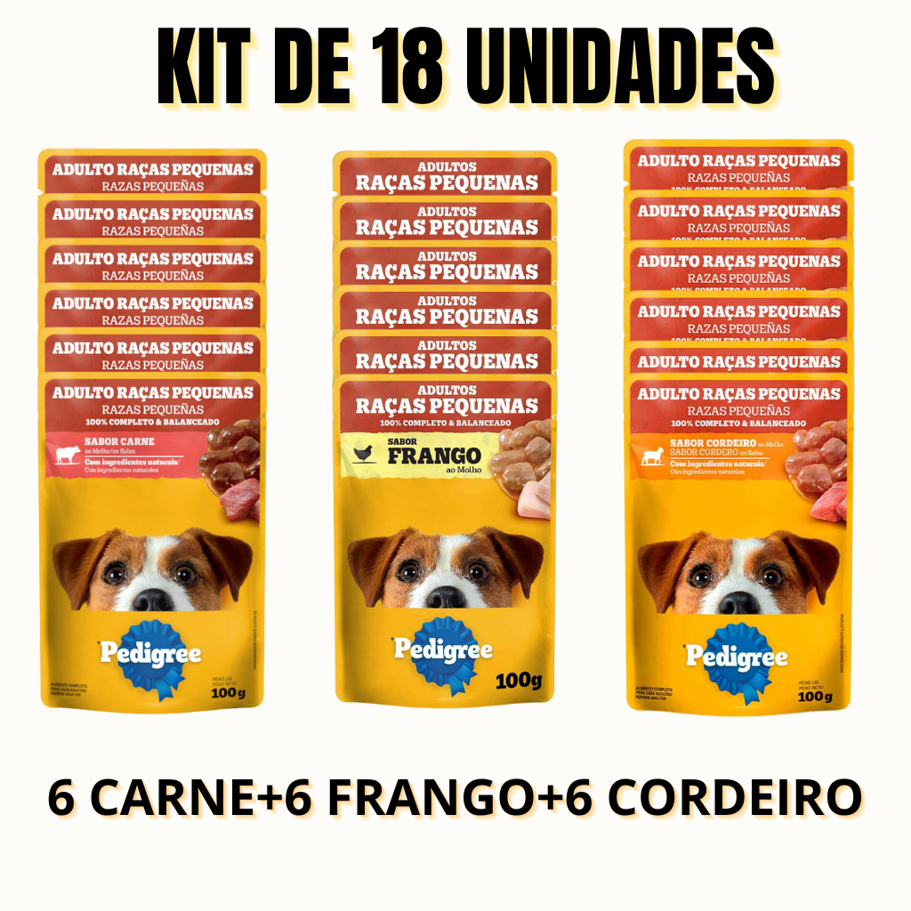 PEDIGREE SACHE DOG RAÇAS PEQUENAS KIT 18 UND MIX SABORES (6 CARNE + 6 FRANGO + 6 CORDEIRO) 100G