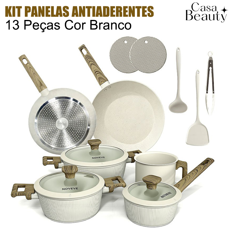 Kit Panelas Antiaderentes 13 Peças Cor Branco – Cozinha Elegante com Alta Qualidade-CASA BEAUTY em Oferta na Shopee