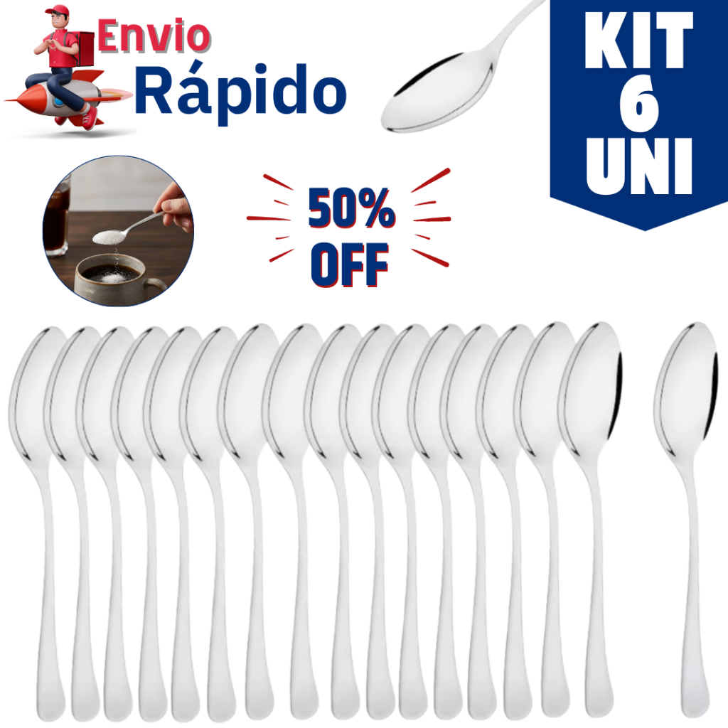 Kit 6 Colher De Chá 100% Inox Resistente 13CM Para Chocolate Café Chá Quente Qualidade Premium Promoção