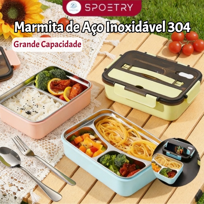 Imagem Marmita de Aço Inoxidável 304 Grande Capacidade c/ Divisórias para Microondas, Ideal para Estudantes e Trabalho