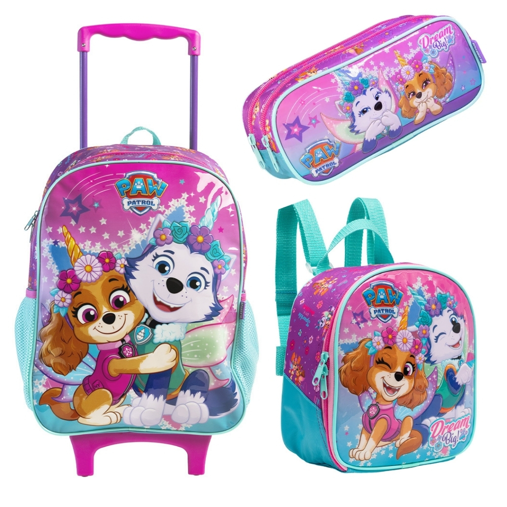 Kit Mochila Com Rodinha alça Lancheira térmica e Estojo Duplo Patrulha Canina Skye