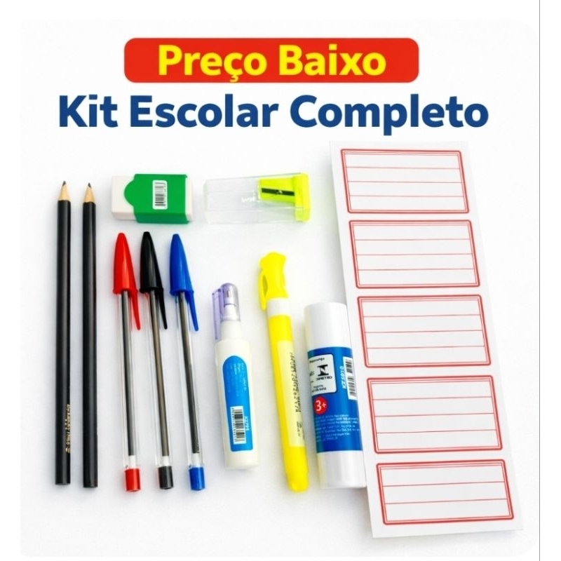 Kit Material Escolar 11 itens: 02 Lápis Preto 3 Canetas  Borracha Apontador Marca Texto Caneta Corret Etiqueta Cola em Oferta na Shopee