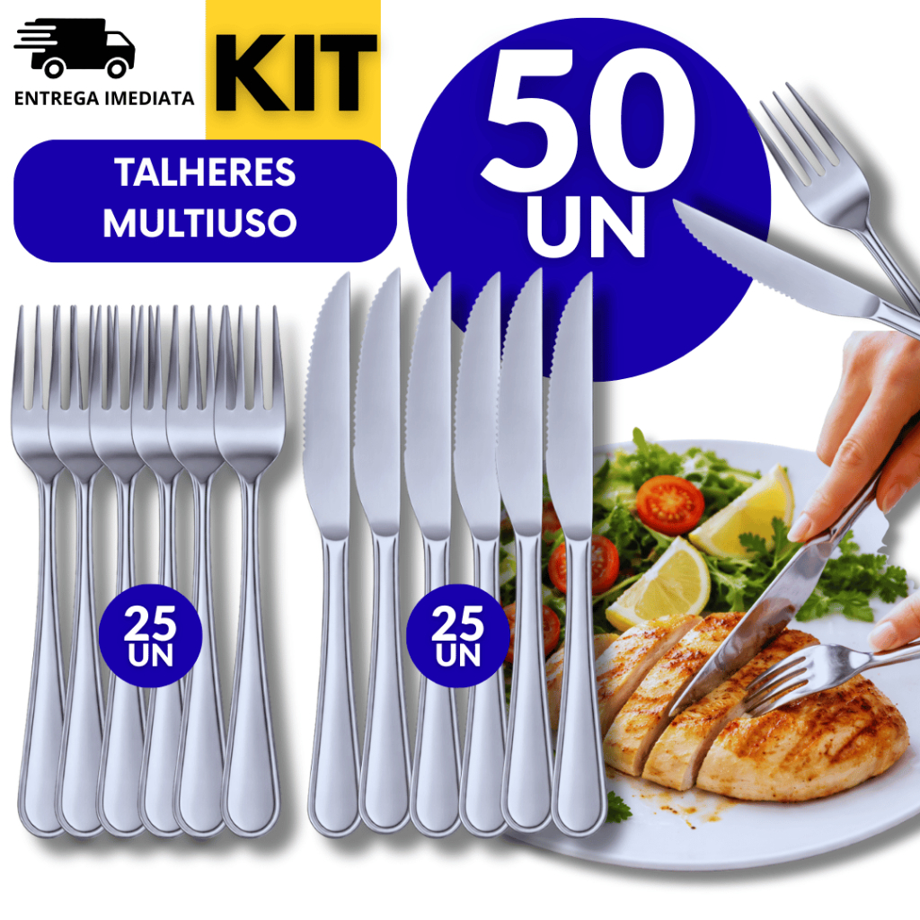 Utensílios 50 Garfo Faca Talheres 100% Aço Inox 25 Garfo 25 Faca Premium Casa Buffet Restaurante Lanchonete Cozinha