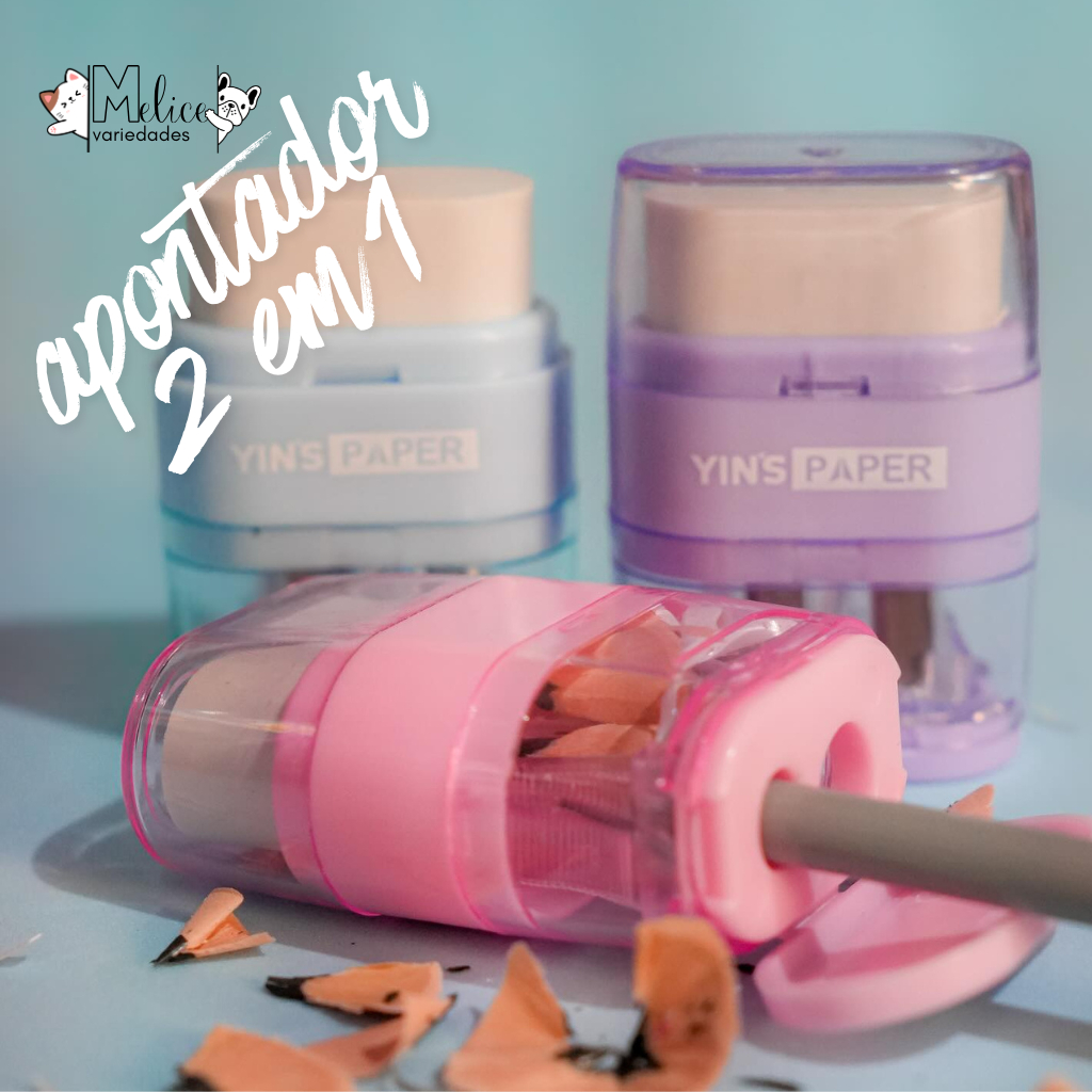 Apontador 2 em 1 com BORRACHA - DEPÓSITO E APONTADOR DE LAPIS CONVENCIONAL E JUMBO - CORES PASTEL