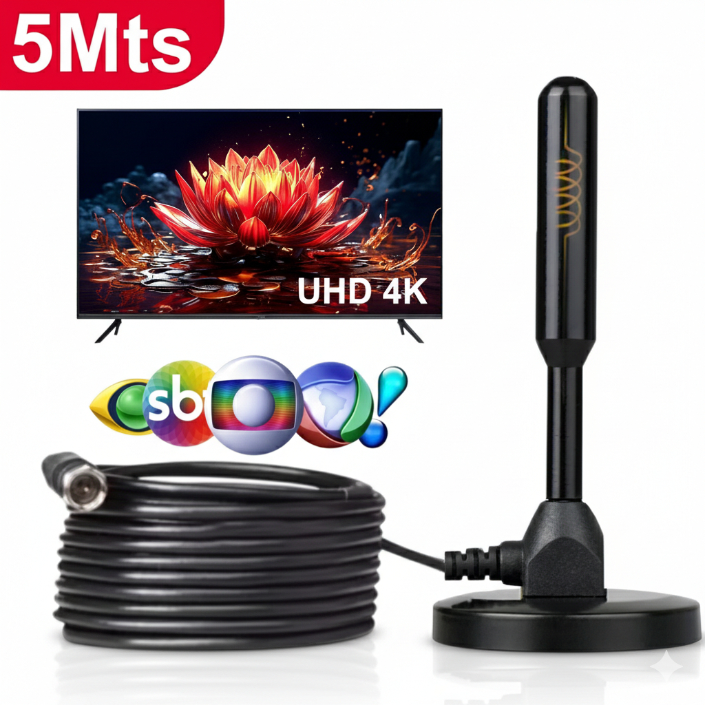 Antena Digital 5 Metros interna e Externa com FULL HDTV 4K Cabo grande