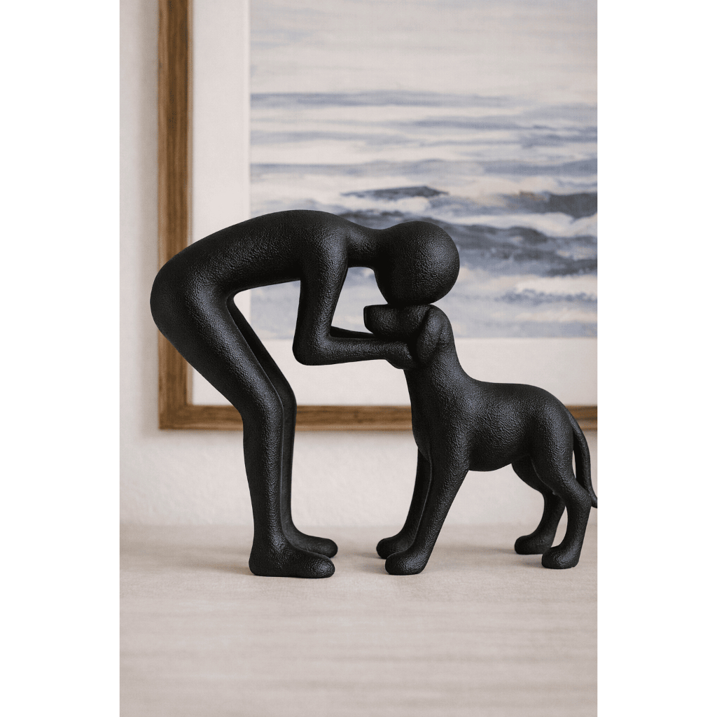 Escultura Homem e Cachorro laço eterno Estátua Decorativa Minimalista decoração sala aparador