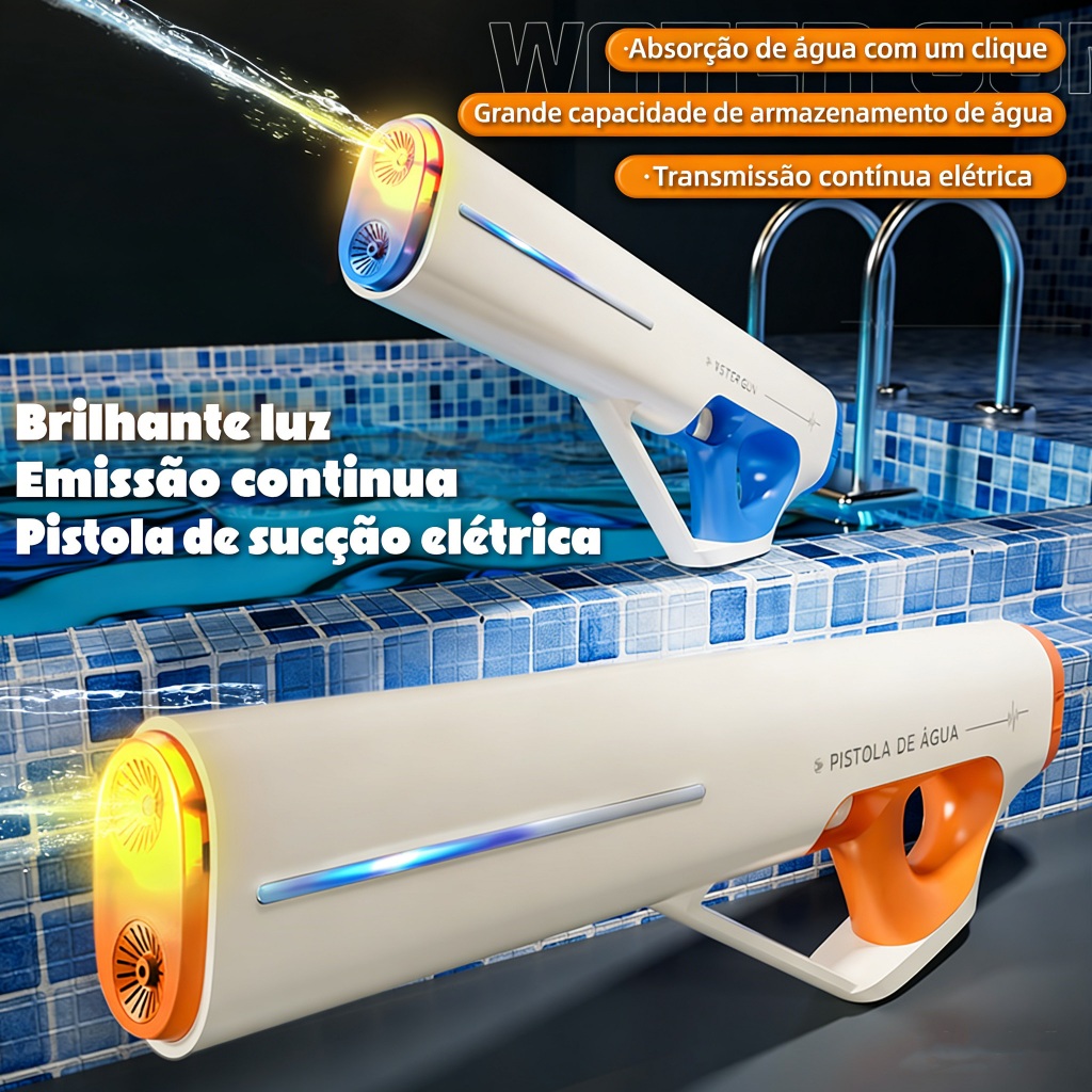 Pistola de Água Elétrica - Sução Automática + Alcance 10m + Luzes Deslumbrantes
