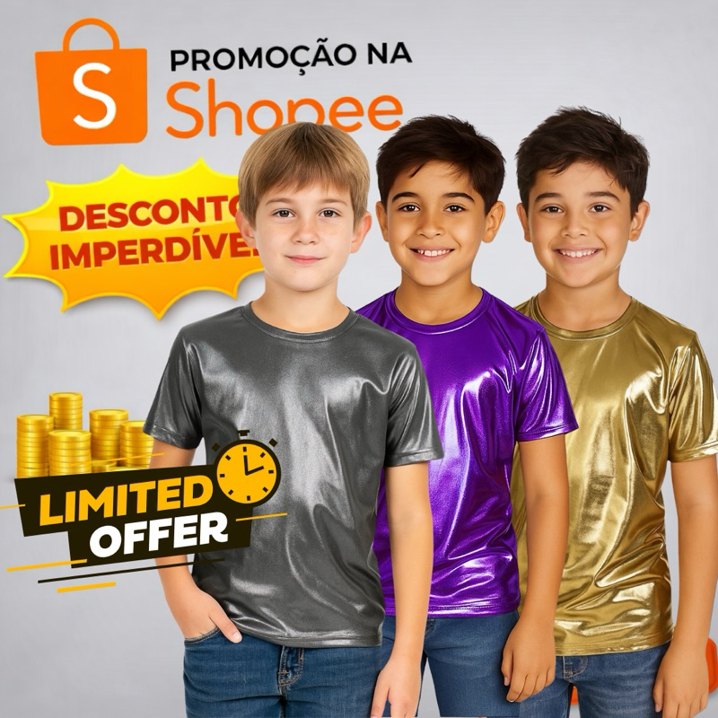 camiseta infantil metalizada brilho estilizo em Oferta na Shopee
