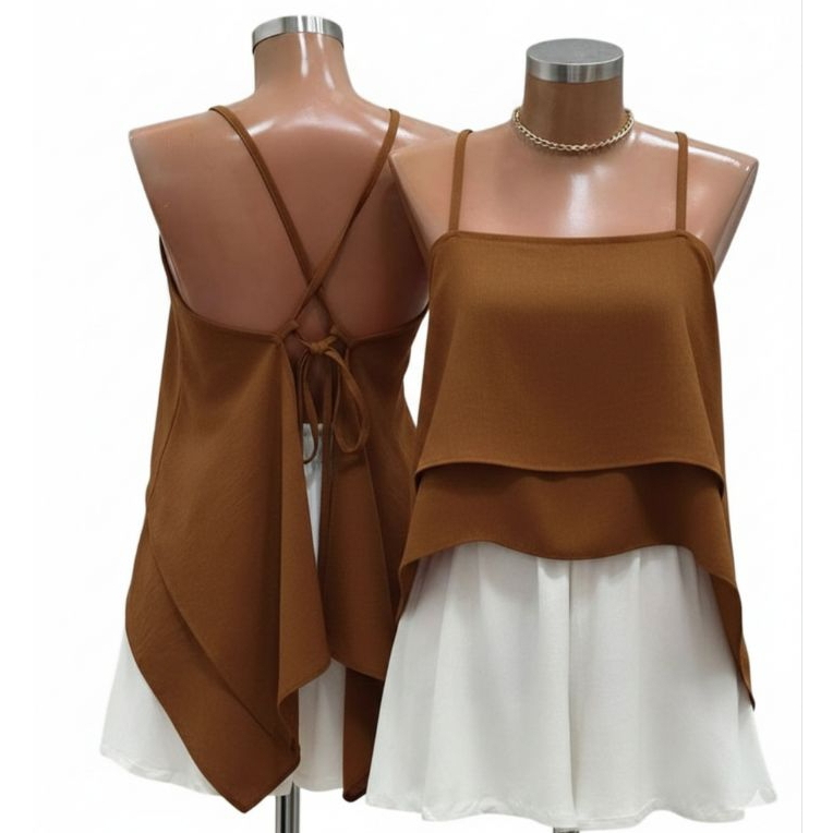 Blusa Feminina Alça Fina Regulável com Sobreposição e Amarração nas Costas | Tecido Duna Leve, Soltinha, Elegante, Casua