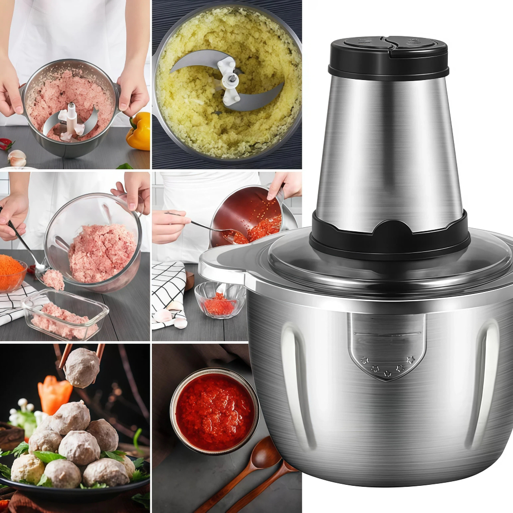 Imagem 2 Litro Triturador De Alimentos Carne e Legumes Elétrico Multiprocessador 2 Modos Bivolt Inox Fácil De Limpar