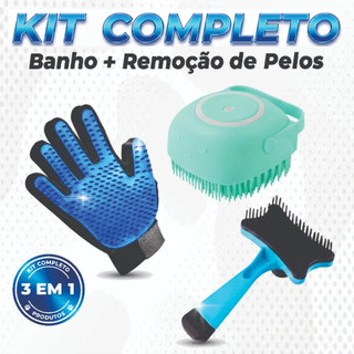 Kit Tira Pelos Banho Pet 3 em 1 – Luva + Bucha de Silicone + Pente Removedor de pelos | Cães e Gatos