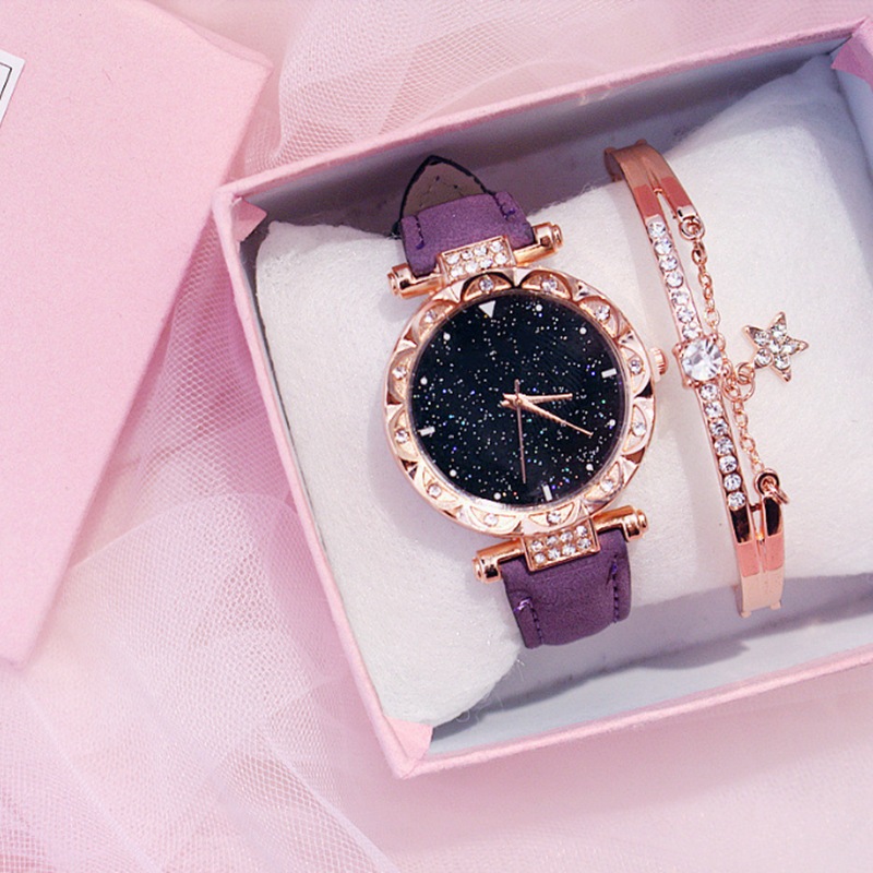 Conjunto de 2 PCS de Relógios de Pulso Femininos com Zircão, Relógio de Quartzo para Mulheres e Conjunto de Pulseiras