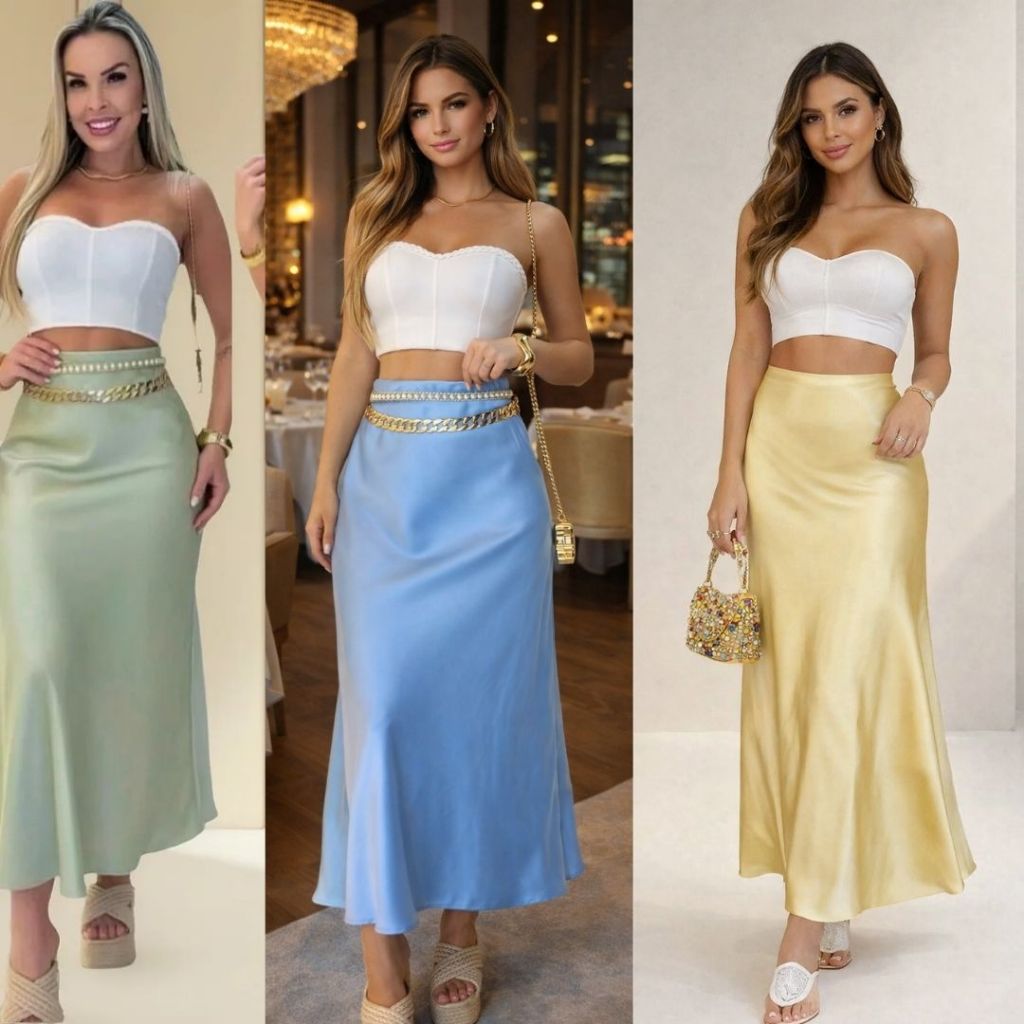Saia Mídi De Cetim Amanda Cintura alta com Zíper, com brilho sutil Elegante Modelagem Formato A em Oferta na Shopee