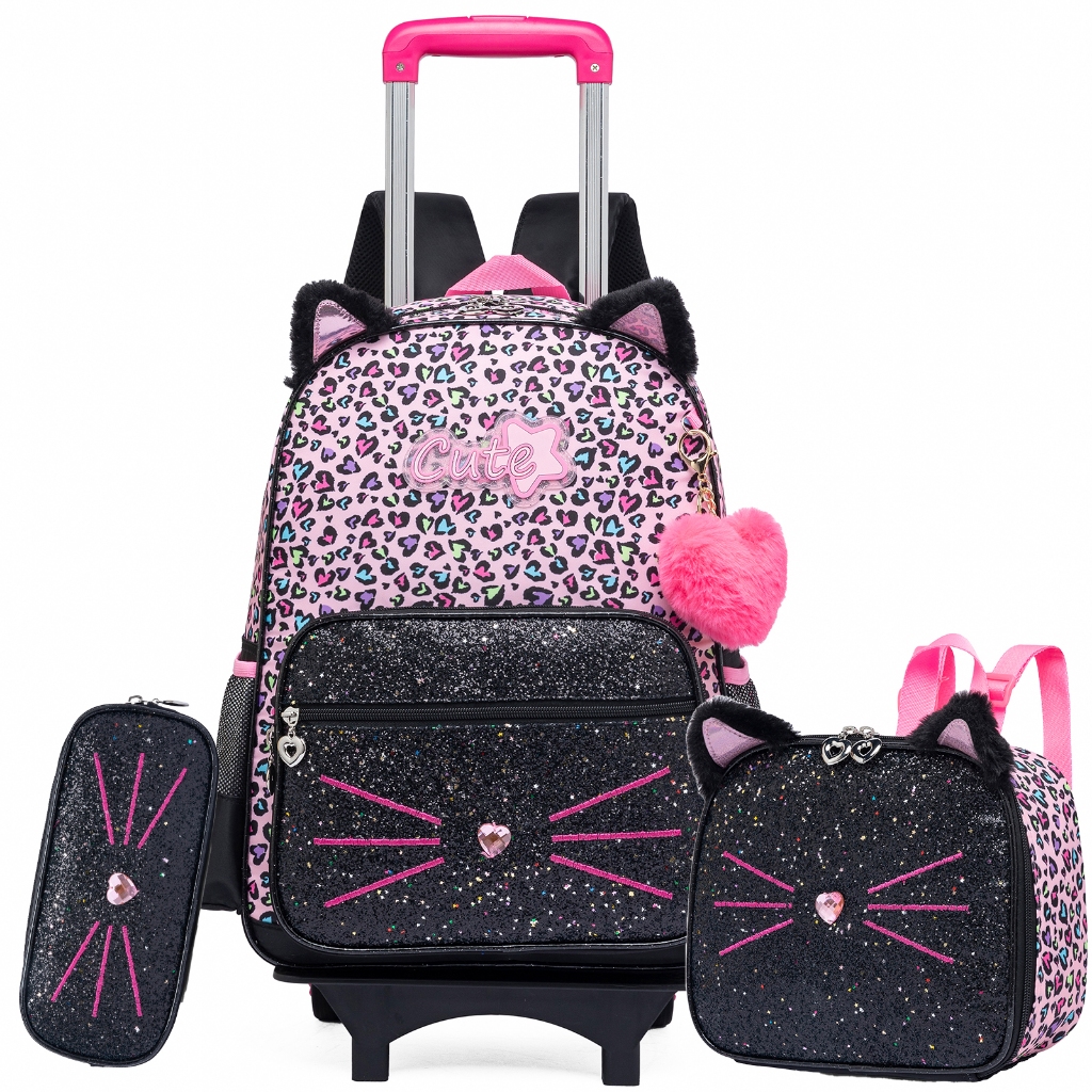 Mochila Infantil Menina Mochilas Rodinha Mochila Bordo Kit Casual Infantis Gato Malhado em Oferta na Shopee