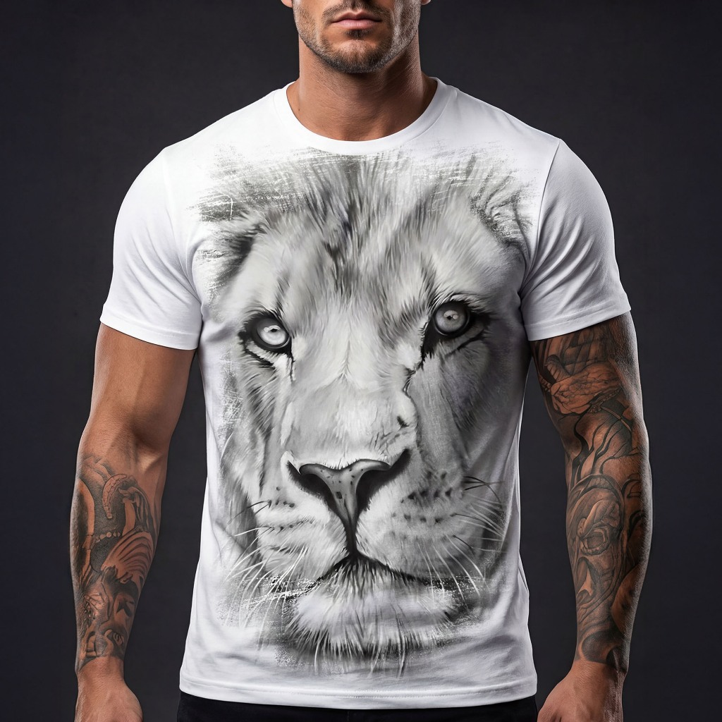 Camiseta Masculina Leão 3D Realista Branca – Estampa Grande Frontal em Oferta na Shopee
