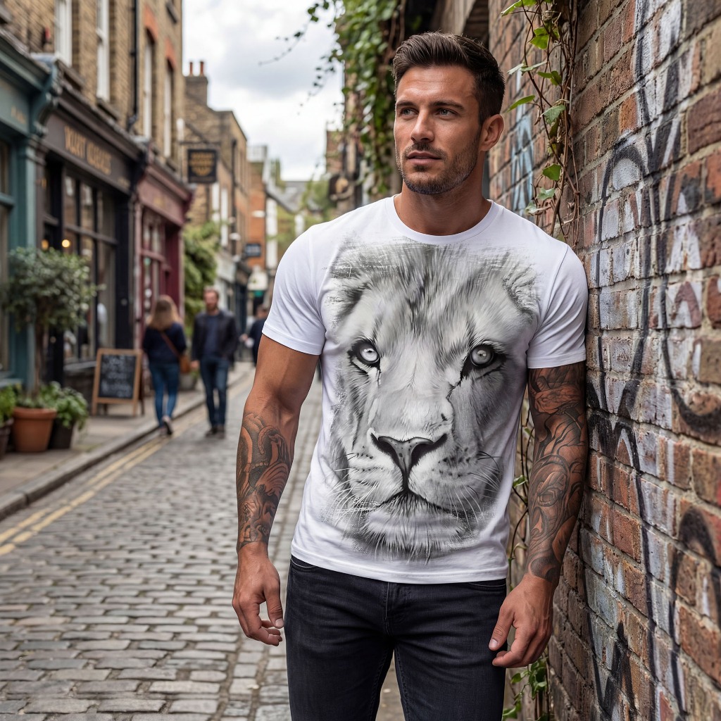 Camiseta Masculina Leão 3D Realista Branca – Estampa Grande Frontal