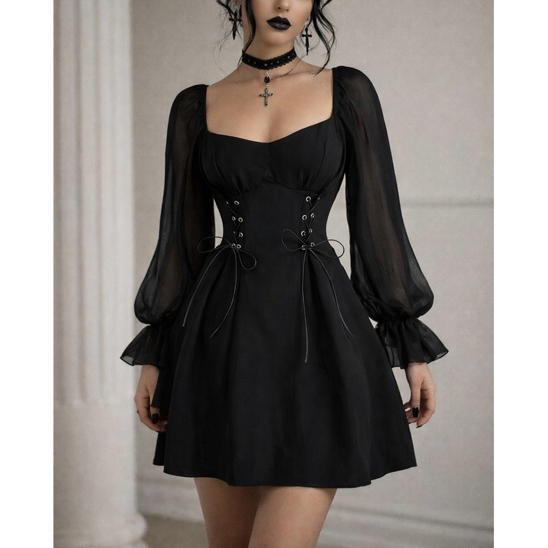 Vestido Curto com Ilhós e Cadarço Tule Manga Longa Gótico Dark Festa Vampira Pirata Preto SH D225