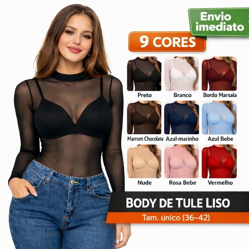 Body Tule Transparente Manga Longa Segunda Pele 9 Cores Tam Único 36-42 Envio Imediato