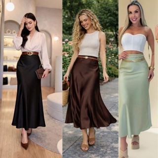 Saia Cetim Amanda Acetinada Cintura Alta com ziper Moda Premium 2026 Modelagem Formato A em Oferta na Shopee