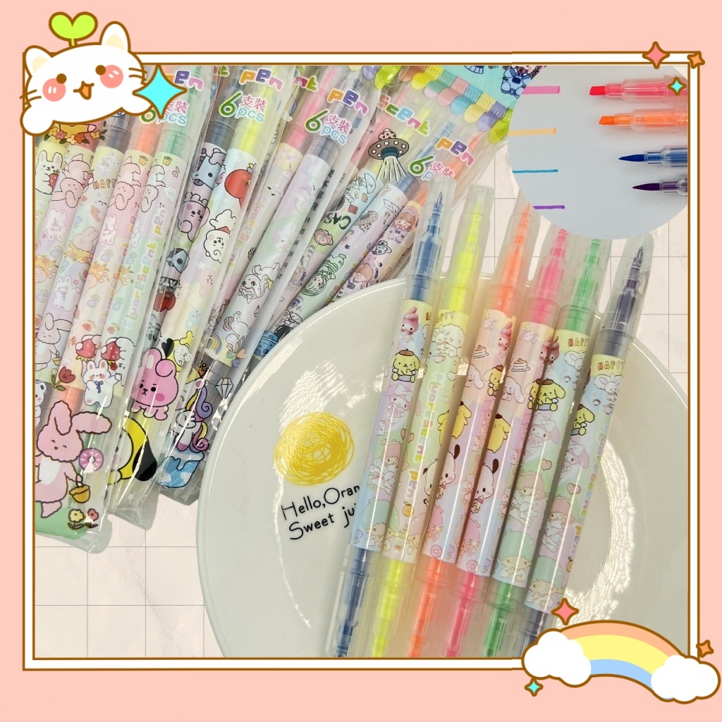 Kit com 6 Canetas Marca Texto Duas Pontas Fina e Grossa Cores Brilhantes para Estudantes