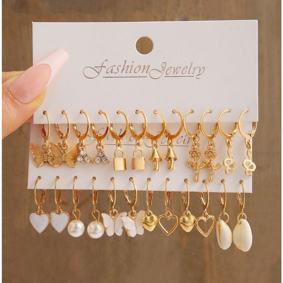 Kit Brincos Femininos Dourados Luxo Zircônia Pérola Argola Coração Estrela Conjunto Moda