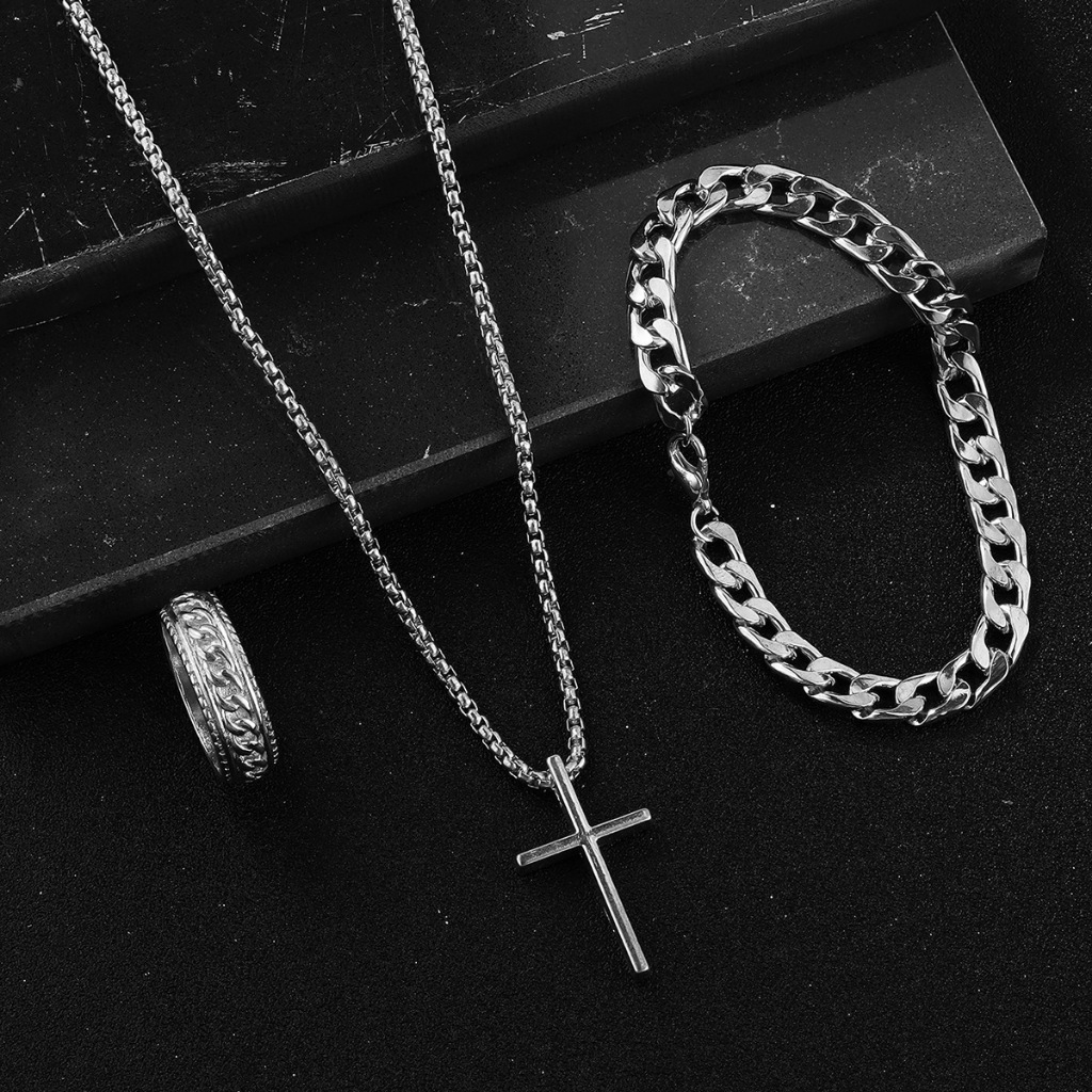Conjunto De Joias De Cruz Punk Colar Pulseira Anel Gótica Para Mulheres Homens 3 Peças