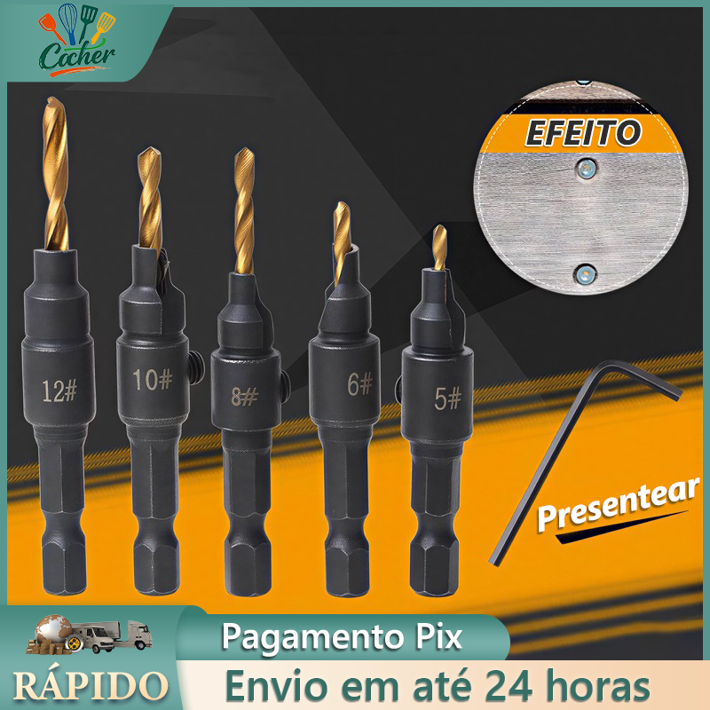 5 unidades Broca escareadora carpintaria conjunto de parafusos tamanhos  com ferramenta de chave