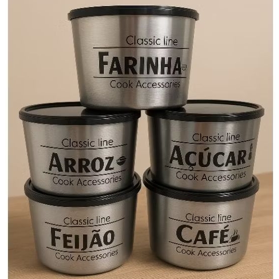 Kit Potes PLASTICOS ESTAMPA METÁLICA p/ Mantimentos – Arroz, Feijão, Açúcar, Café, Farinha – Cozinha com 2L