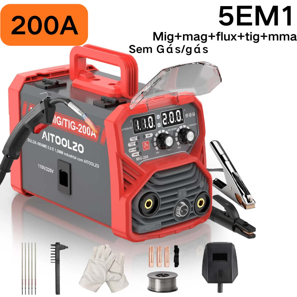 5 em 1 Máquina Solda Inversora Sem Gás / Com Gás MIG/MAG/Flux/TIG/MMA Aitoolzo