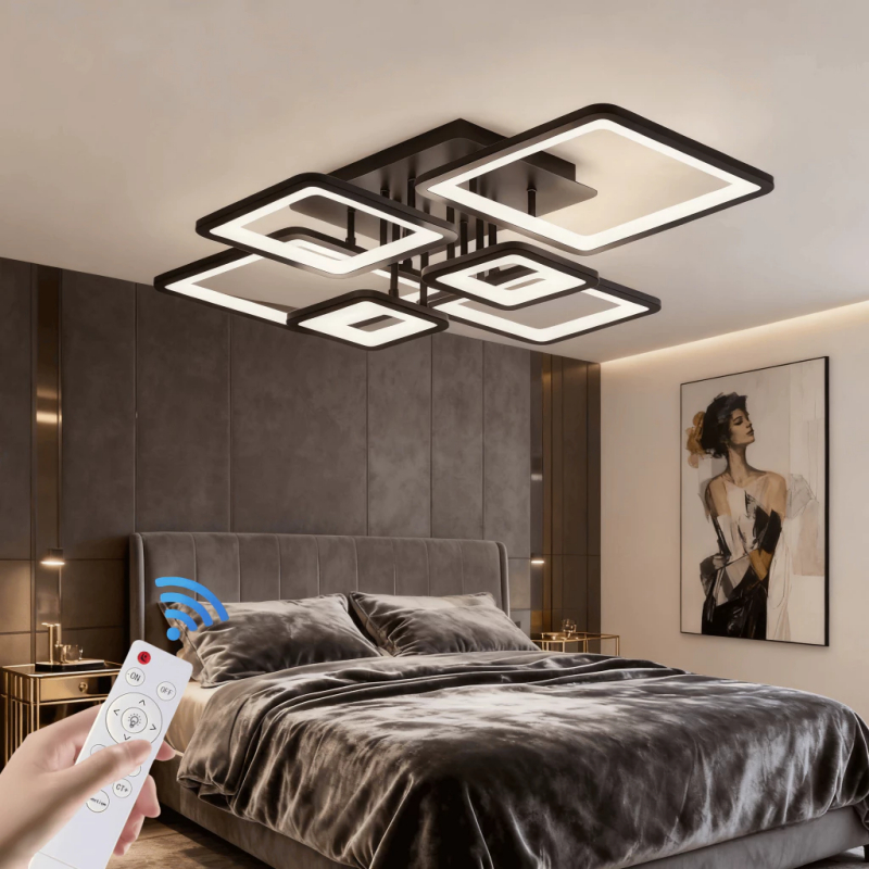Lustre Plafon Moderno Dourado Luminária de LED De Teto 3 Tons Luz Quente 4 Quadrados Dimmer dimerizável