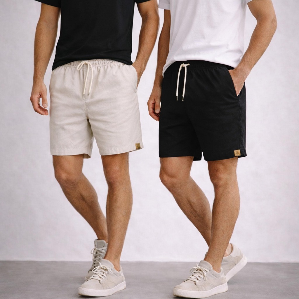 Kit 2 Shorts Masculinos de Linho Premium | Mauricinho Casual com Bolsos Confortável – Mais Vendido em Oferta na Shopee