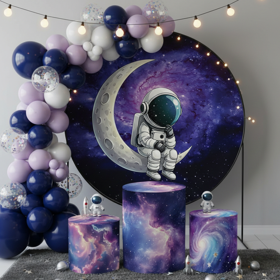 Kit Decorativo Capas Painel Redondo + Trio Cilindros Tema Astronauta Galáxia Festa Aniversário