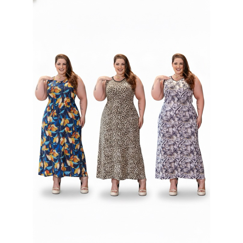 PLUS SIZE KIT 3 Vestidos Longos Regata Maha Fria Liganete Sortidos Vestido Feminino Plus Size