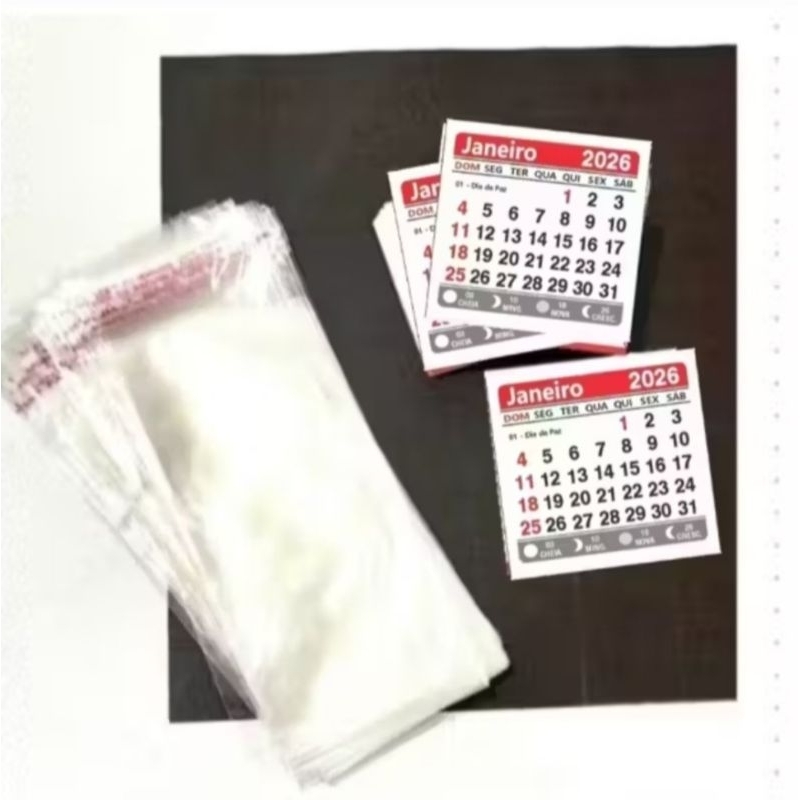 Mini Kit 25 Calendários 2026 + 25 Sacos 6x12cm + 25 Pedaços Ímã Adesivado 2x2,8cm