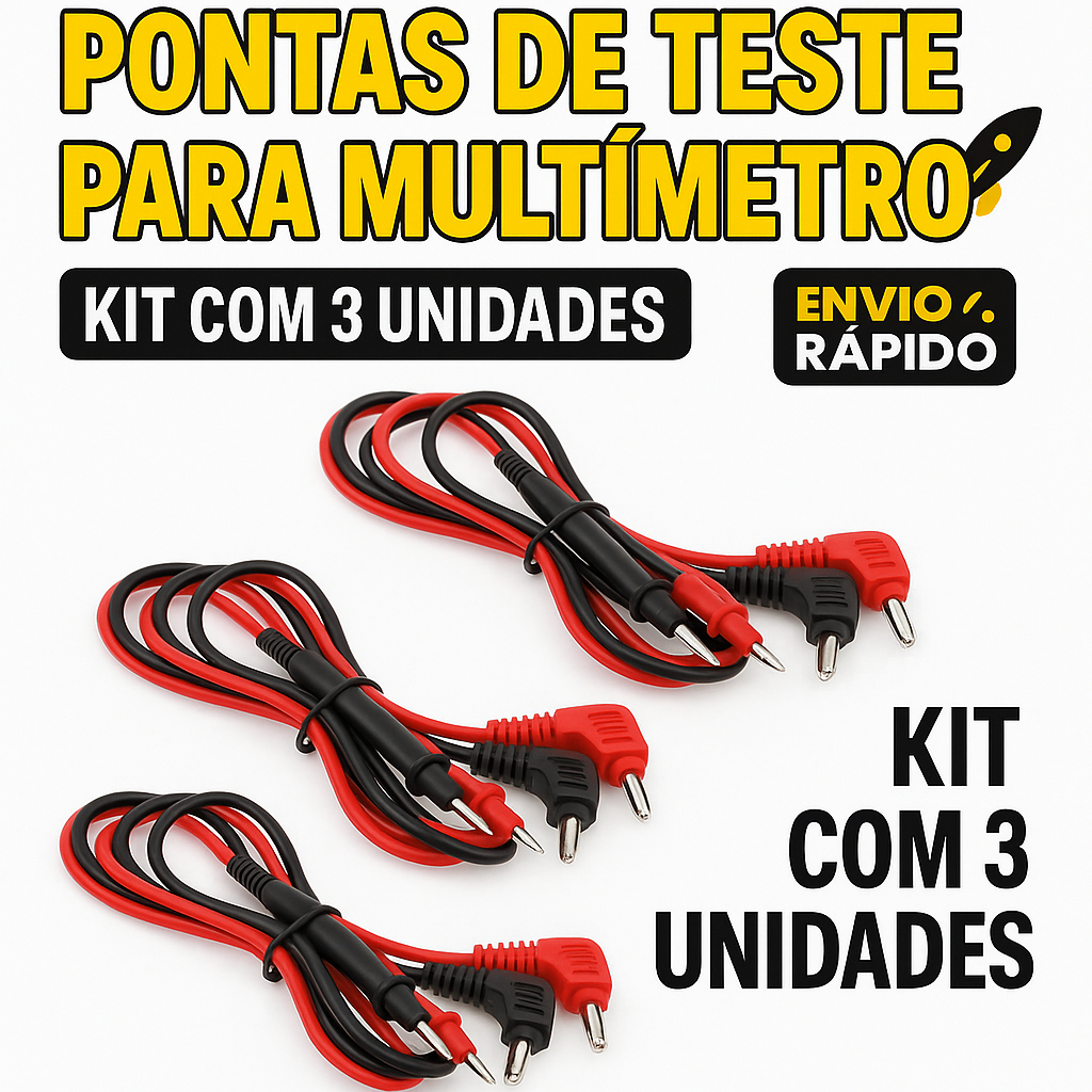 Kit 3 Pontas de Prova 1000V 90° Para Multímetro – Cabos Resistentes 16A